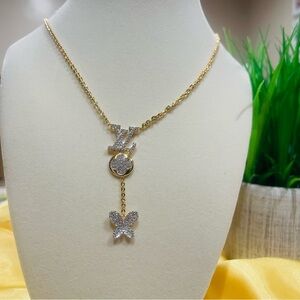 Gold-Tone Butterfly Drop Necklace with Crystal Accents